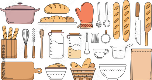 Baking and kitchen utensils collection with bread and baguettes