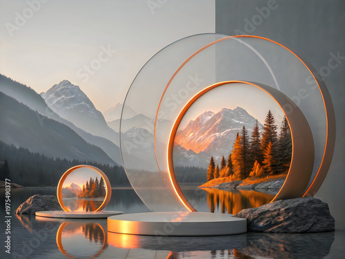 A surreal landscape with a mountain range and trees