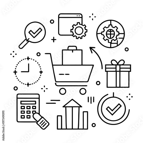 E‑Commerce, Business Operations, and Productivity Icon Set Vector Illustration
