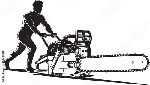 Lumberjack silhouette with large chainsaw vector, professional woodcutter operating heavy duty power saw, forestry worker equipment illustration
