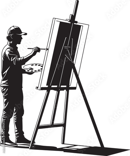 Minimalist artist silhouette painting on canvas, male painter with easel and palette vector, creative hobby and fine art studio concept