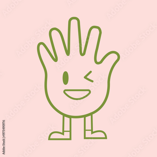 Friendly cartoon hand character waving hello with a happy winking face and legs