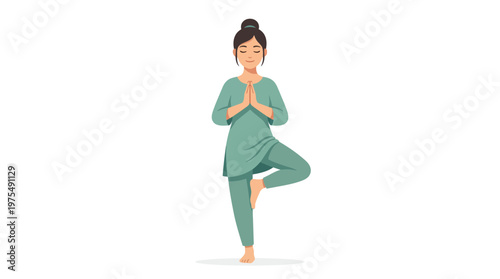 Woman in yoga tree pose standing.