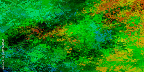 Abstract green background features a bright nature pattern with light textures and dark grunge design elements blending into a blue water and night space illustration backdrop