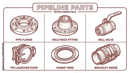 Pipeline parts including flange, weld neck fitting, ball valve, pig launcher door, gasket ring, and bracelet anode on display