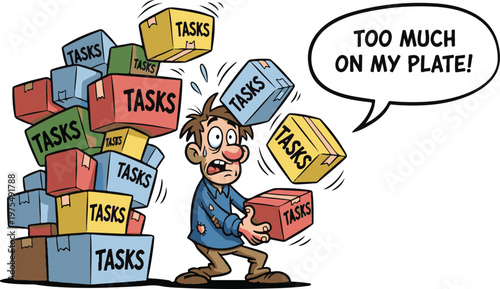 Overwhelmed Man Juggling Too Many Tasks With Falling Boxes And Speech Bubble