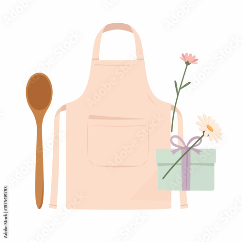 Apron, wooden spoon, gift, and flowers for cooking or baking present