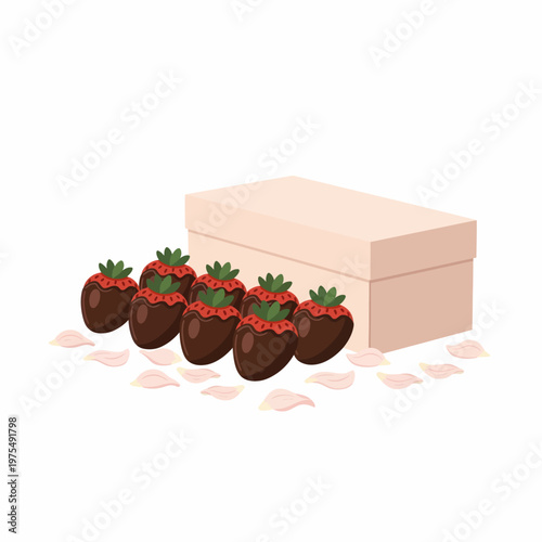 Chocolate covered strawberries with a gift box and petals