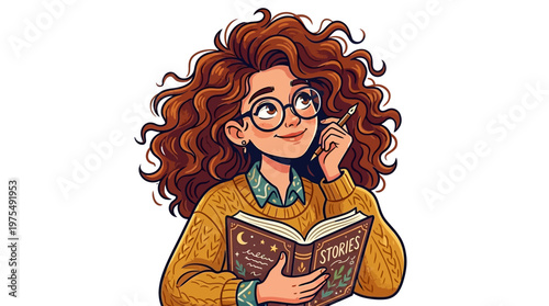 Woman reading book with glasses on.