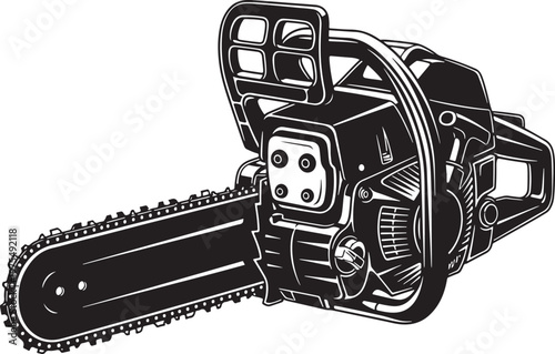 Vintage chainsaw vector illustration, black and white lumberjack tool icon, professional wood cutting equipment for forestry and logging industry