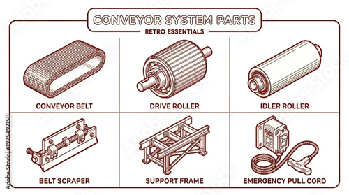 Conveyor system parts displayed on a clean surface with machinery components.