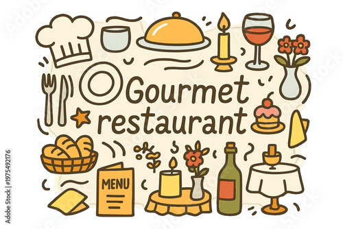 Gourmet Doodle Illustration. Gourmet restaurant. Hand-drawn doodle illustration of gourmet restaurant. Chef