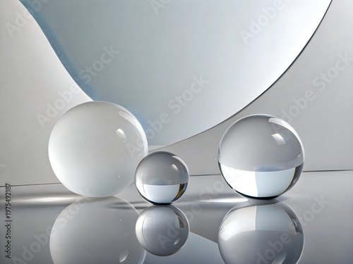 Three glass marbles on a reflective surface