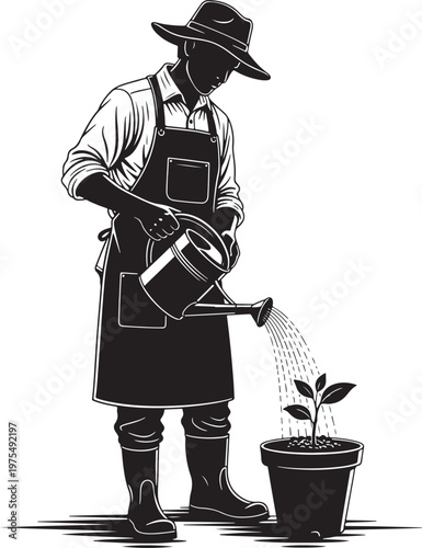 Vintage gardener silhouette watering a plant in a pot, male farmer in apron and hat gardening vector, black and white horticultural worker illustration