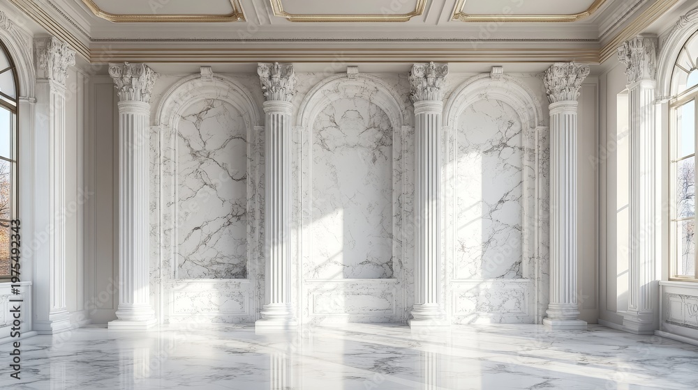 Fototapeta premium Elegant marble room with ornate columns, arched windows, and intricate moldings bathed in sunlight