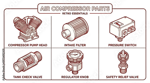 Industrial air compressor parts diagram showing compressor pump head, intake filter, pressure switch, tank check valve, regulator knob, and safety relief valve.