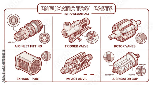 Pneumatic tool parts diagram showing air inlet fitting, trigger valve, rotor vanes, exhaust port, impact anvil, and lubricator cup