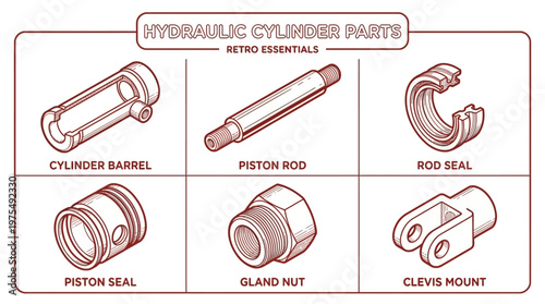 Hydraulic cylinder parts including cylinder barrel and piston rod are shown.