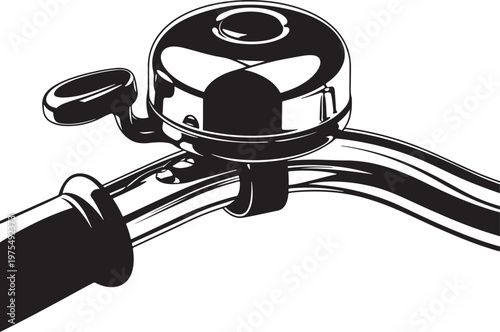 Vintage bicycle bell on handlebars, classic chrome bike ringer vector illustration, black and white cycling safety equipment icon
