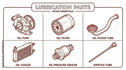 A detailed illustration of various lubrication parts including an oil pump, oil filter, and dipstick tube arranged in a grid on a clean surface.