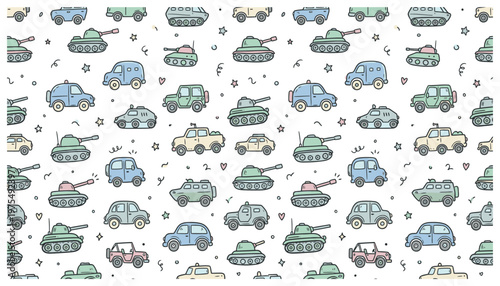 A pattern of various military tanks and vehicles on a white background.