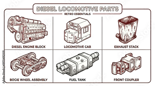 Diesel locomotive parts illustrated in various sections on a diagram