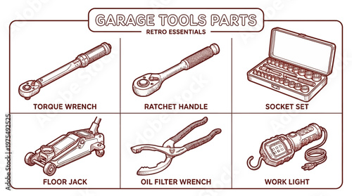 A collection of various garage tools and equipment parts arranged neatly.