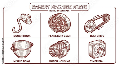 Retro bakery machine parts including dough hook, planetary gear, belt drive, mixing bowl, motor housing, and timer dial on a table.