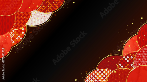 和柄と円形、鱗柄、青海波のコピースペース背景素材