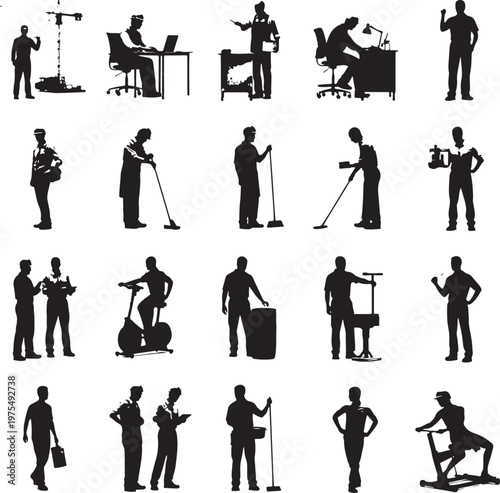 Professional worker silhouettes set, collection of 20 industrial and office employee icons, black vector people working in various occupations