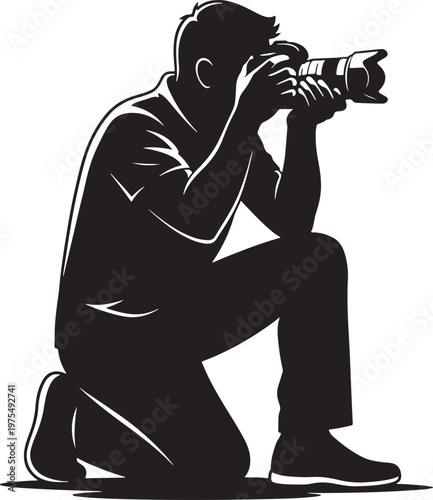 Professional photographer silhouette taking a photo, kneeling cameraman with digital camera vector, black and white photography icon for media branding