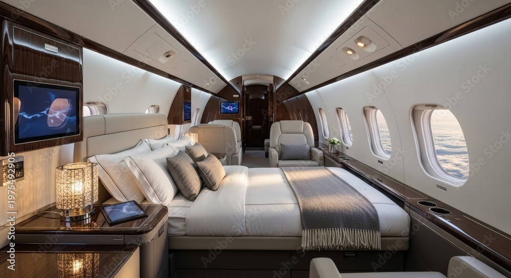 Fototapeta premium Luxurious Private Jet Cabin Interior With Bedroom Suite And View Of Clouds From Window
