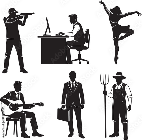 Black silhouette people collection, set of 6 diverse human figures in various professions and activities, vector icons of workers and hobbyists
