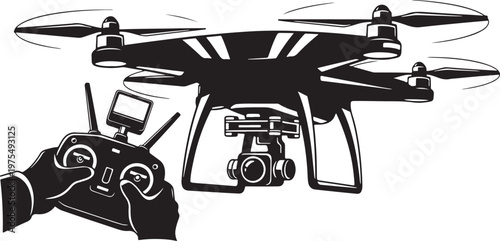 Modern quadcopter drone with remote control, professional aerial photography drone vector, black and white flying uav illustration