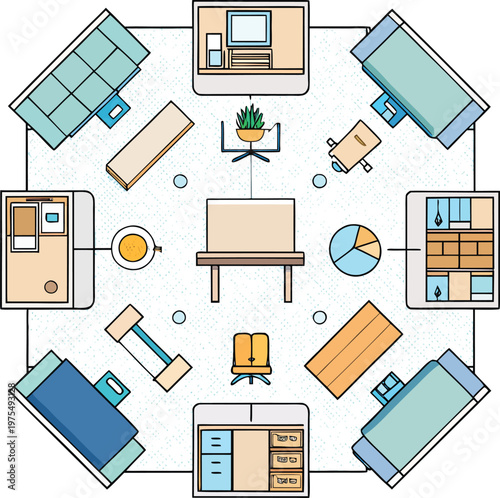 Architectural top view furniture symbols vector set including office desk chair cubicle computer table and home furniture bed sofa dining table wardrobe