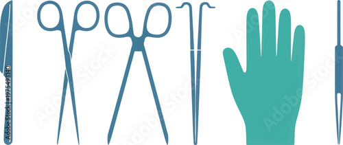 Surgical instruments including scalpels, medical scissors, clamps, and sterile gloves are displayed as a set of flat vector icons for use in professional medical and healthcare presentations.