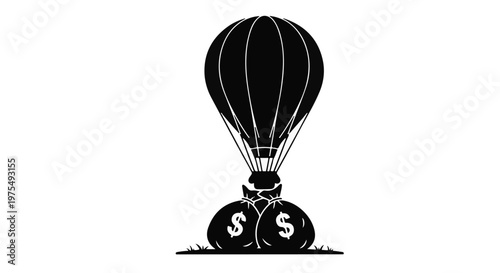 Black hot air balloon lifting money bags with dollar signs