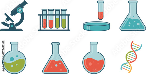 Laboratory glassware collection featuring beakers, test tubes in a rack, a petri dish, and a microscope icon represents scientific research and chemical experimentation in a clean vector format.