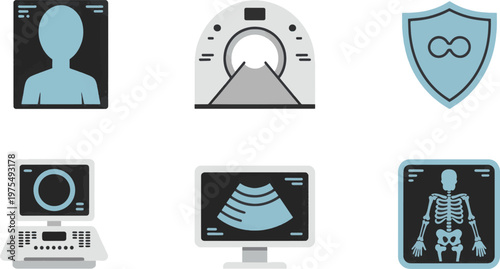 Medical diagnostics equipment icons featuring an ultrasound scanner, a skeleton X-ray, and a protective shield symbol are displayed in a professional flat vector graphic style for healthcare design.