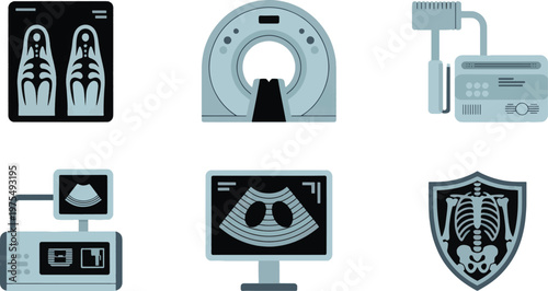 Radiology icons feature a skeletal x-ray, a CT scanner, a medical imaging workstation, a portable ultrasound unit, a lung scan monitor, and a skeletal system shield for diagnostic imaging services.