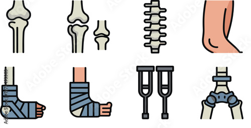 Anatomical diagrams illustrate human skeletal joints, a spinal column, an elbow, a foot in a cast, crutches, and joint replacement implants for use in orthopedic medical educational materials.