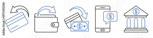 Financial Flow Icon Array: A comprehensive illustration of various financial processes, depicting seamless money transactions and digital banking operations.