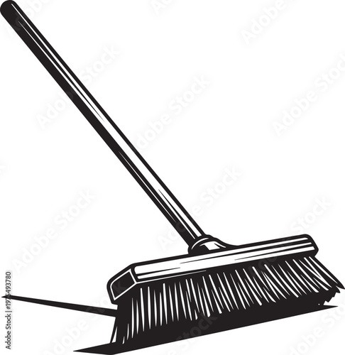 Vintage push broom vector illustration, classic cleaning brush with long handle, black and white wood floor sweeper icon for janitorial services