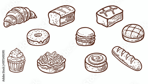French Bakery Bread Vector Icon Set Featuring Croissant, Baguette and Artisan Pastries in Clean Modern Flat Design