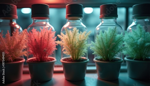 Row Of Small Potted Plants In Glass Bottles Under Colored Lights