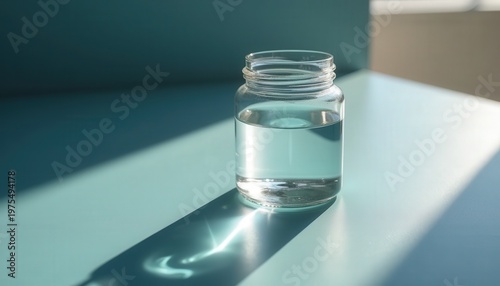 Clear Liquid in Glass Jar Reflecting Sunlight on Teal Surface with Geometric Shadows and Soft Bokeh Background