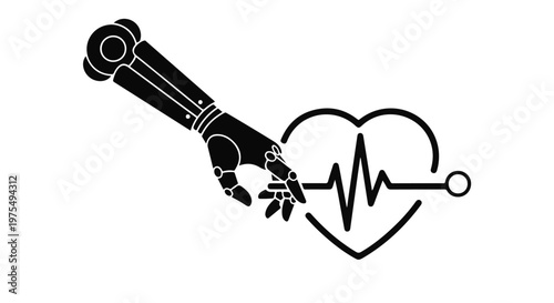 robotic hand touching heart with ecg line illustration