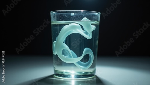 Abstract white sculpture floating in clear liquid inside a glass with dramatic lighting and dark background