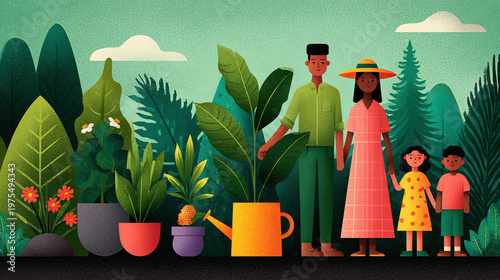 A diverse family planting a vegetable garden in their backyard with bright, colorful elements, a sense of joyful accomplishment