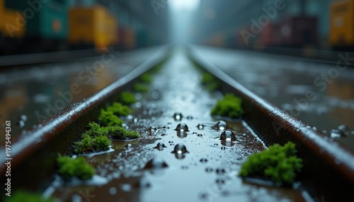 Close-up on weathered train tracks after rain with moss growing between the rails and reflections in puddles on a